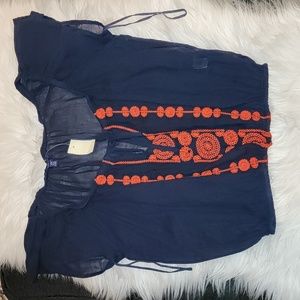 New Aeropostale Navy and Red Embroidered Ruffle Cropped Peasant  Top, NWT